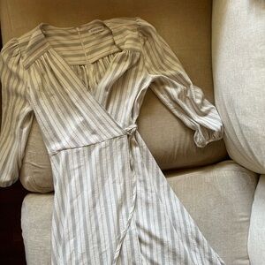 Calvin Klein White and Gray Striped Faux Wrap Tie Waist A-line Maxi Dress